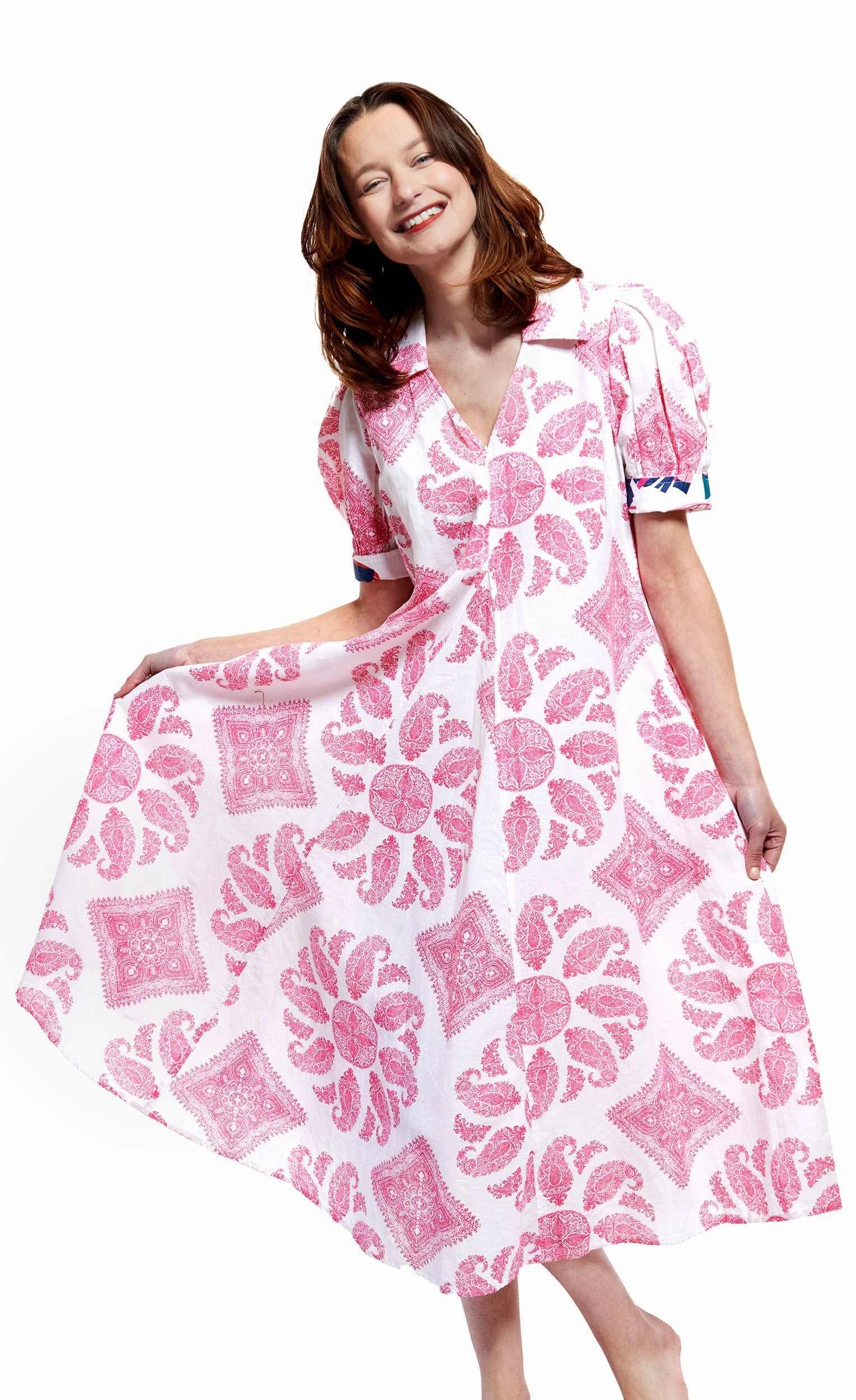 Sleek Cut wrap waist Montauk Dress - Pink White Paisley