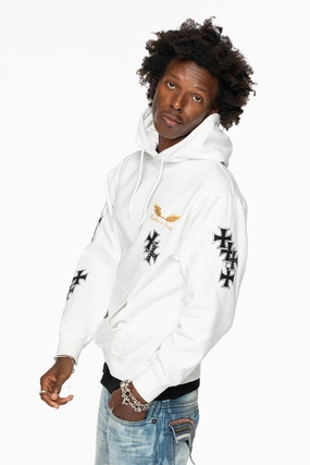 Comfy Look Weekend Casual ROBIN??S JEAN PULLOVER HOODIE IN WHITE EMBELLISHED  WITH MEDIEVAL CROSS PATCHES AND  CRYSTALS