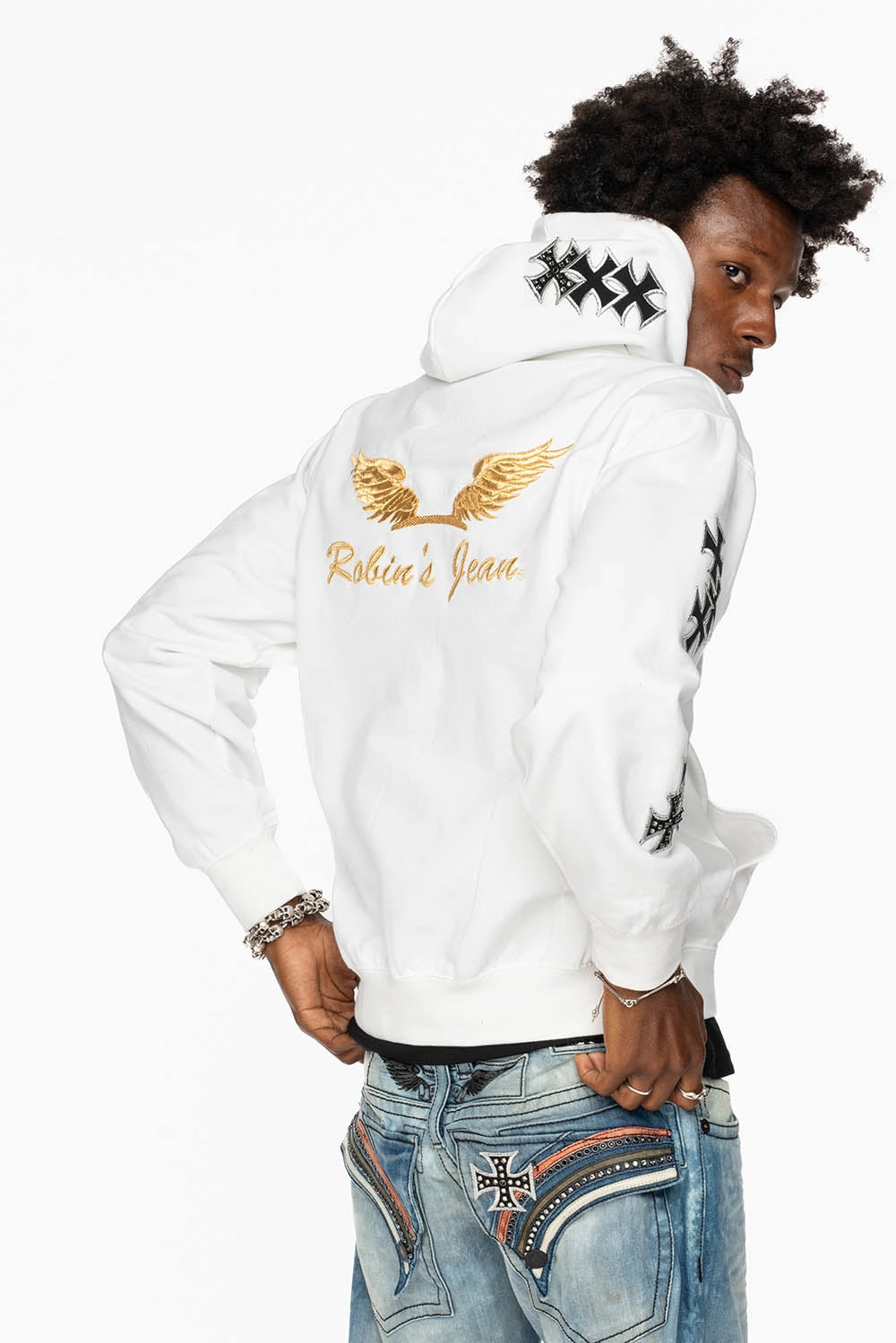 ROBIN??S JEAN PULLOVER HOODIE IN WHITE EMBELLISHED  WITH MEDIEVAL CROSS PATCHES AND  CRYSTALS product dancing suitability