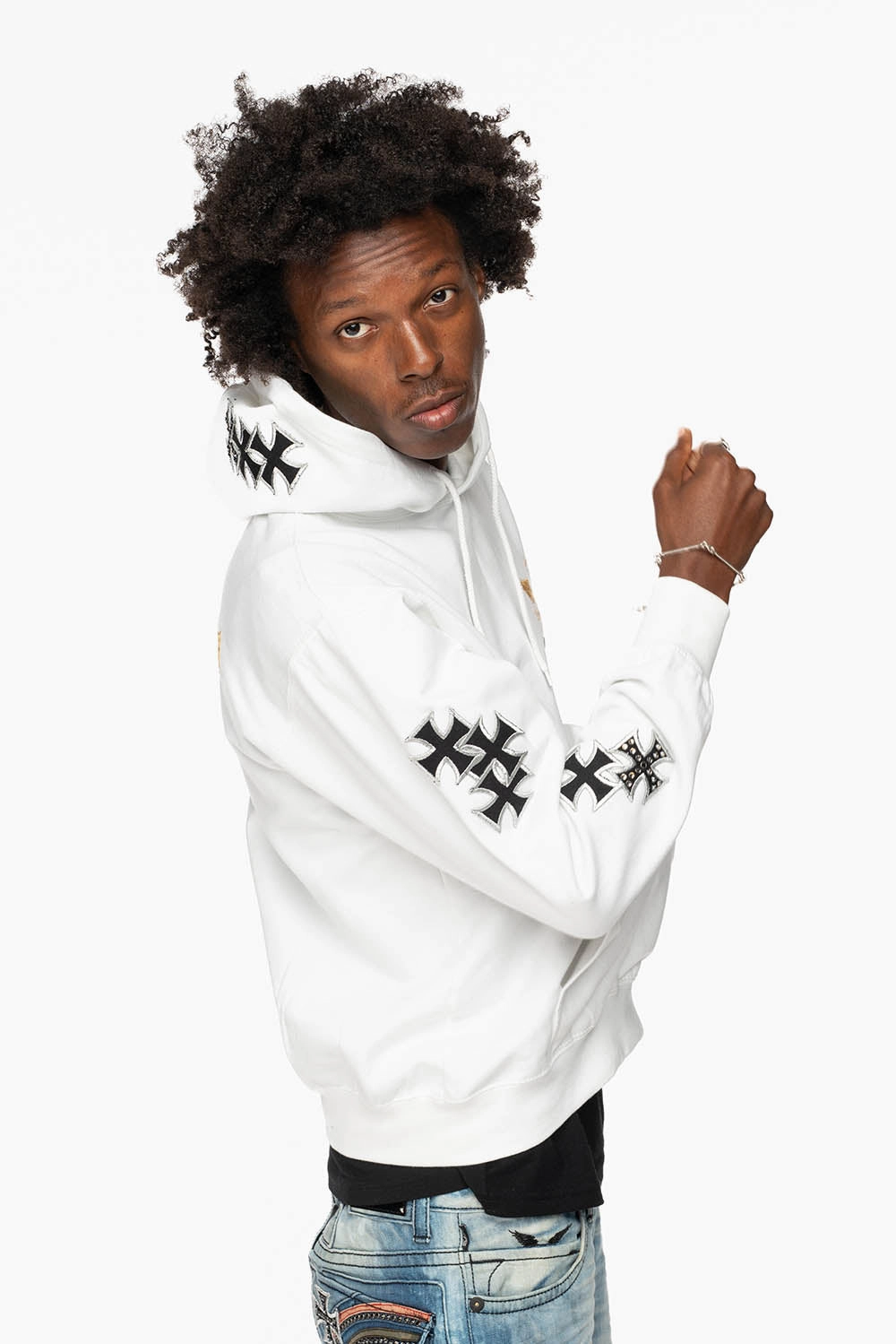 Trendy Outerwear Smooth Texture ROBIN??S JEAN PULLOVER HOODIE IN WHITE EMBELLISHED  WITH MEDIEVAL CROSS PATCHES AND  CRYSTALS