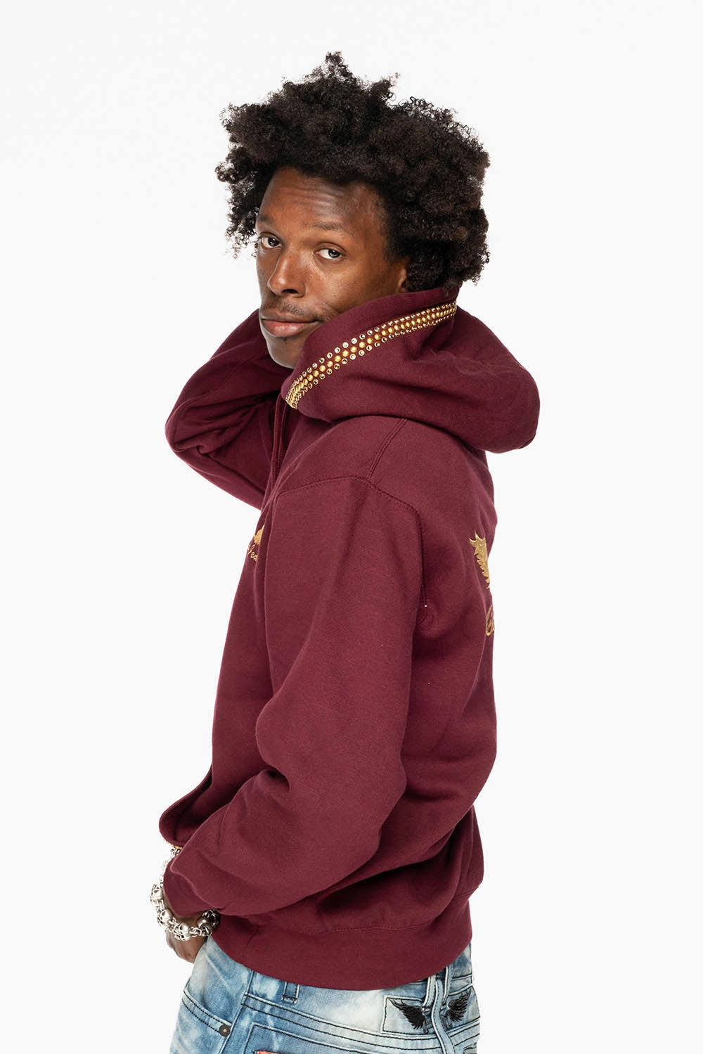 ROBIN??S JEAN PULLOVER HOODIE IN BURGUNDY EMBELLISHED WITH  CRYSTALS  AND NAILHEADS product group cohesion Team Pride