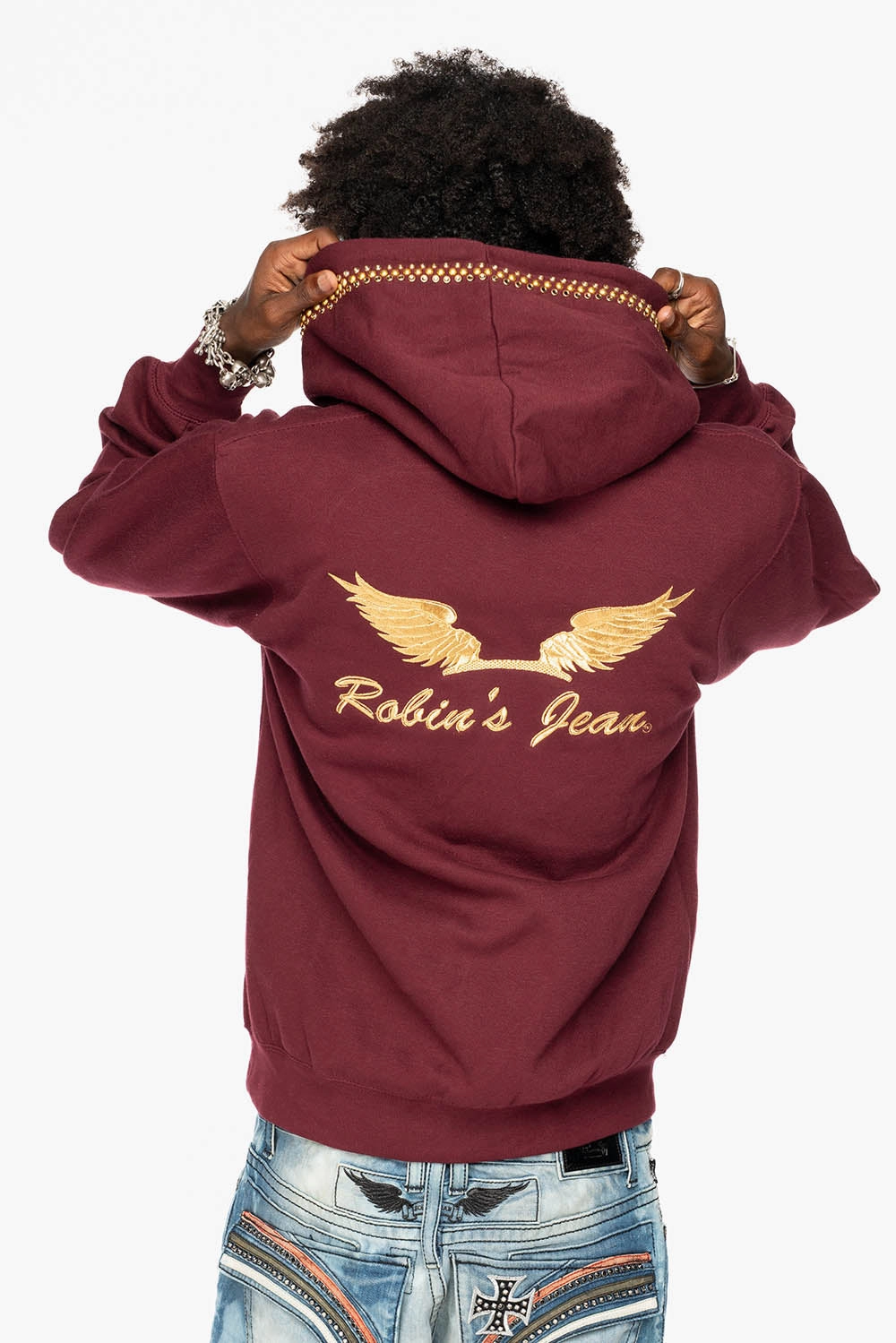 Comfy Layer goes with jeans ROBIN??S JEAN PULLOVER HOODIE IN BURGUNDY EMBELLISHED WITH  CRYSTALS  AND NAILHEADS