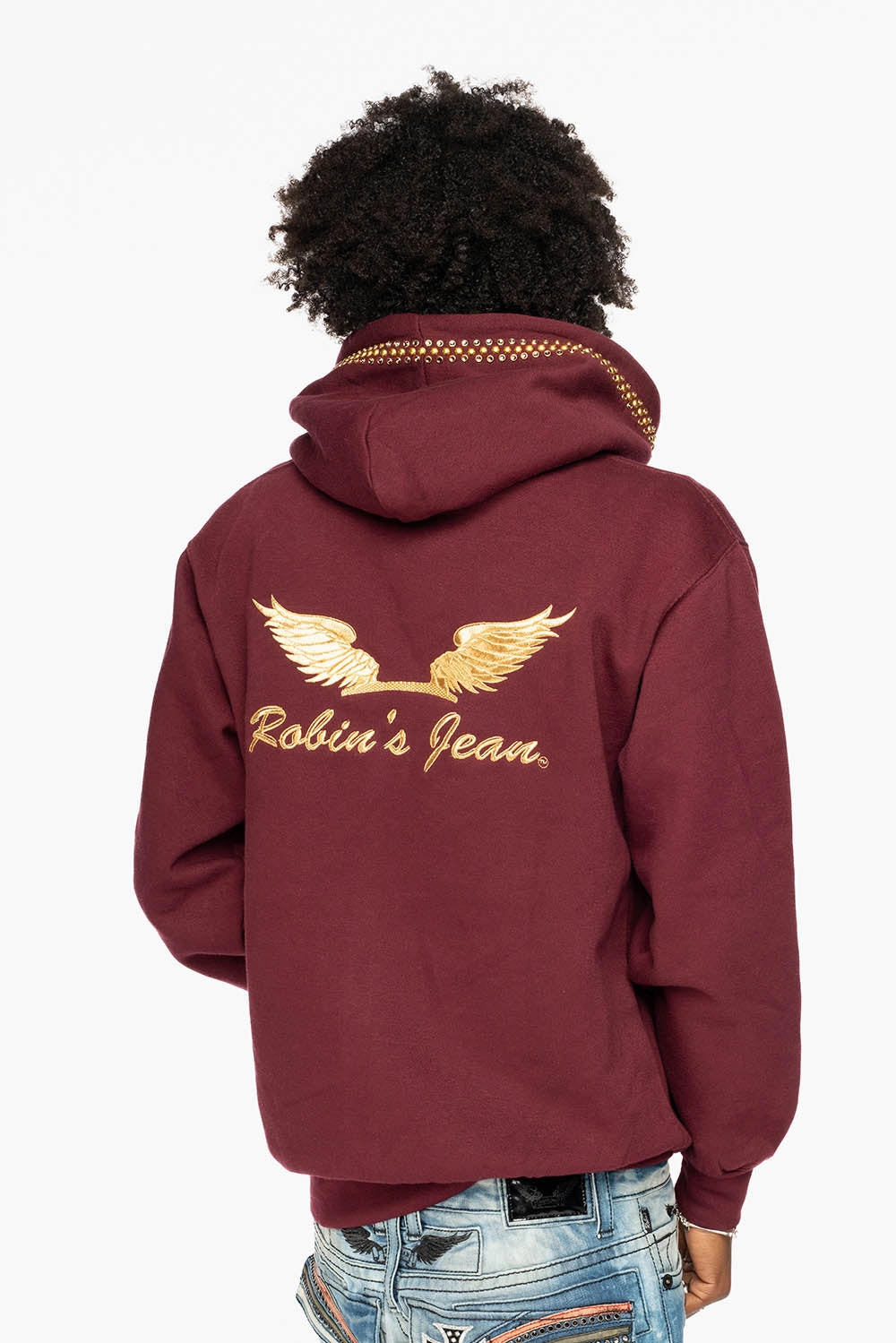 ROBIN??S JEAN PULLOVER HOODIE IN BURGUNDY EMBELLISHED WITH  CRYSTALS  AND NAILHEADS Timeless Style