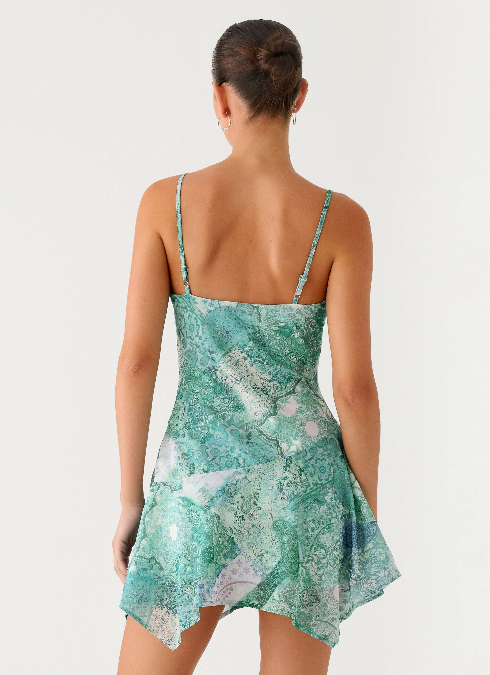Travel-friendly Flared-Hem Marine Mist Asymmetric Hem Mini Dress - Green Paisley