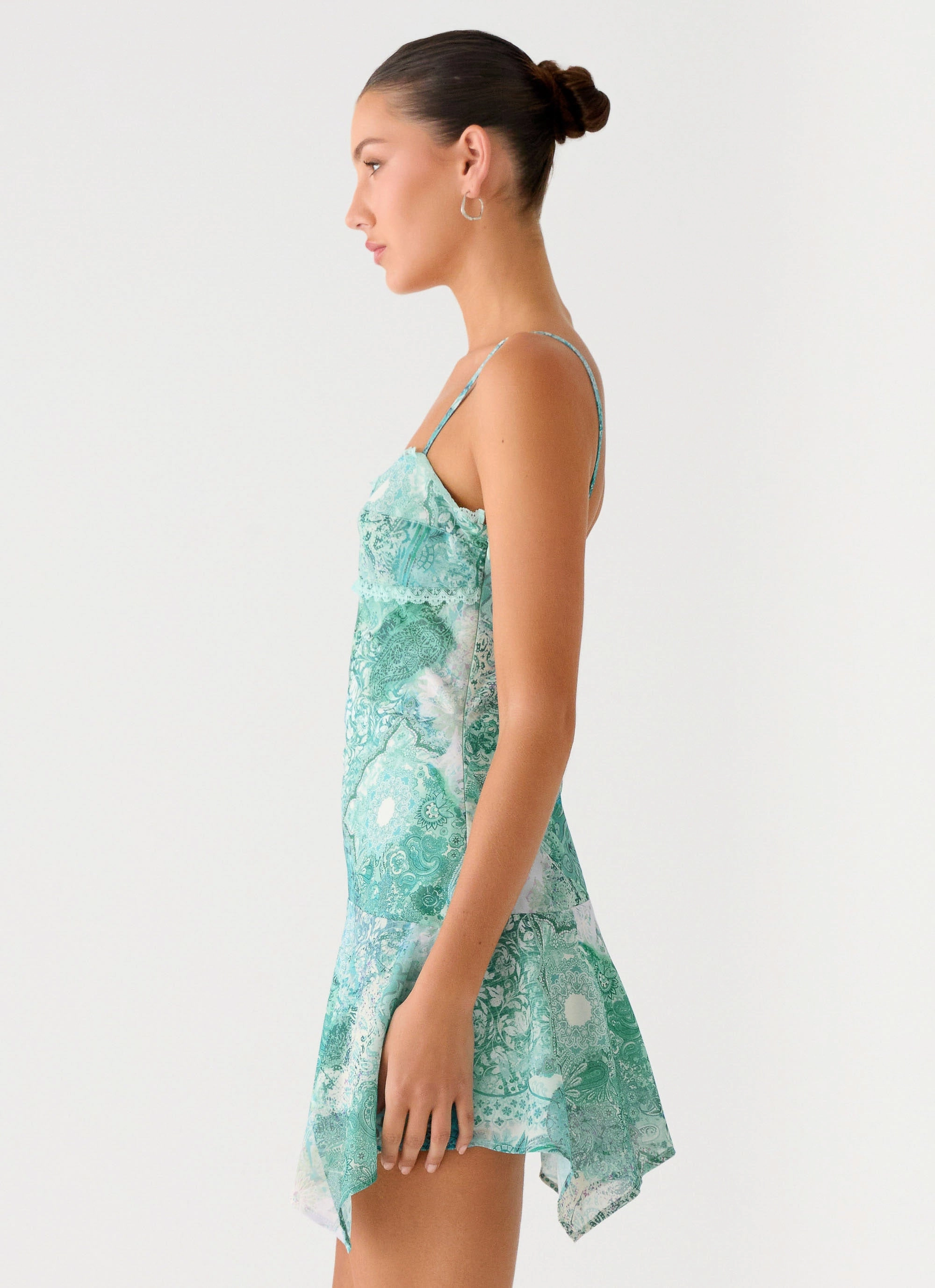 Modern Lines Casual Motion Marine Mist Asymmetric Hem Mini Dress - Green Paisley