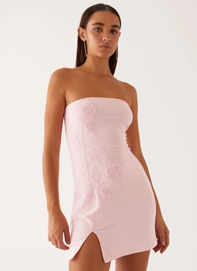 Invisible-Zip One-Shoulder Enora Beaded Mini Dress - Baby Pink