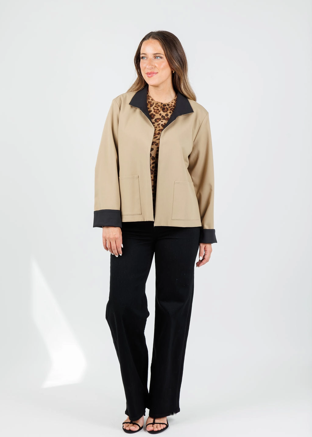 Compact Packable Cozy Texture Molly Long Sleeve Reversible Jacket - Khaki/Black