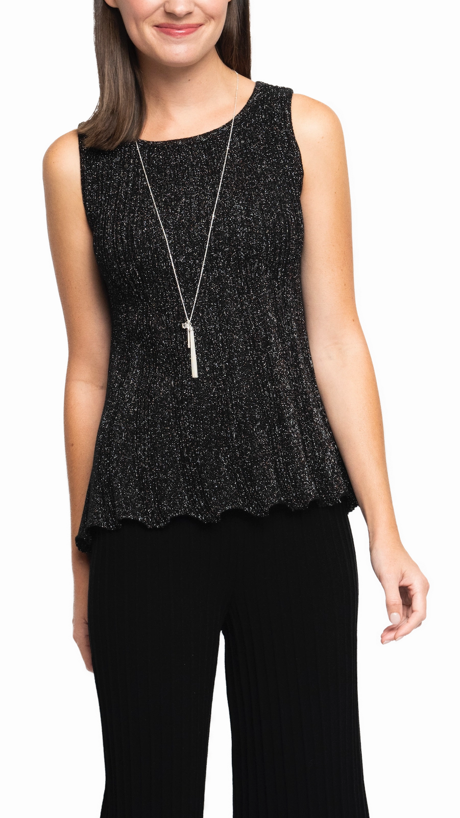 Tailored Cuffs Mesh Insert Molly Shimmer Sleeveless Pleated Swing Top - Black Shimmer