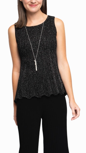 Tailored Cuffs Mesh Insert Molly Shimmer Sleeveless Pleated Swing Top - Black Shimmer