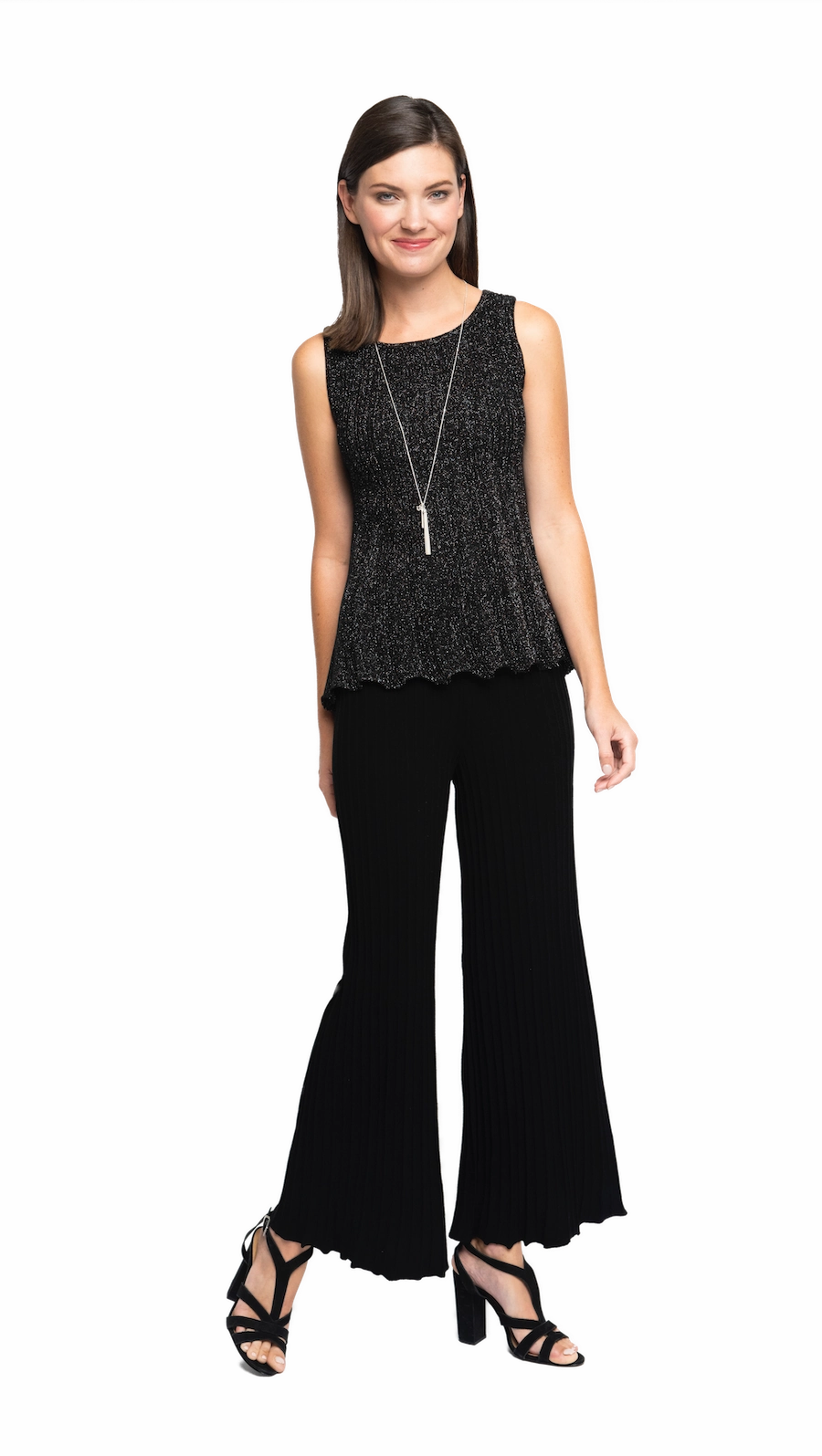 Molly Shimmer Sleeveless Pleated Swing Top - Black Shimmer Non Restrictive Armhole No Bulk Layering System
