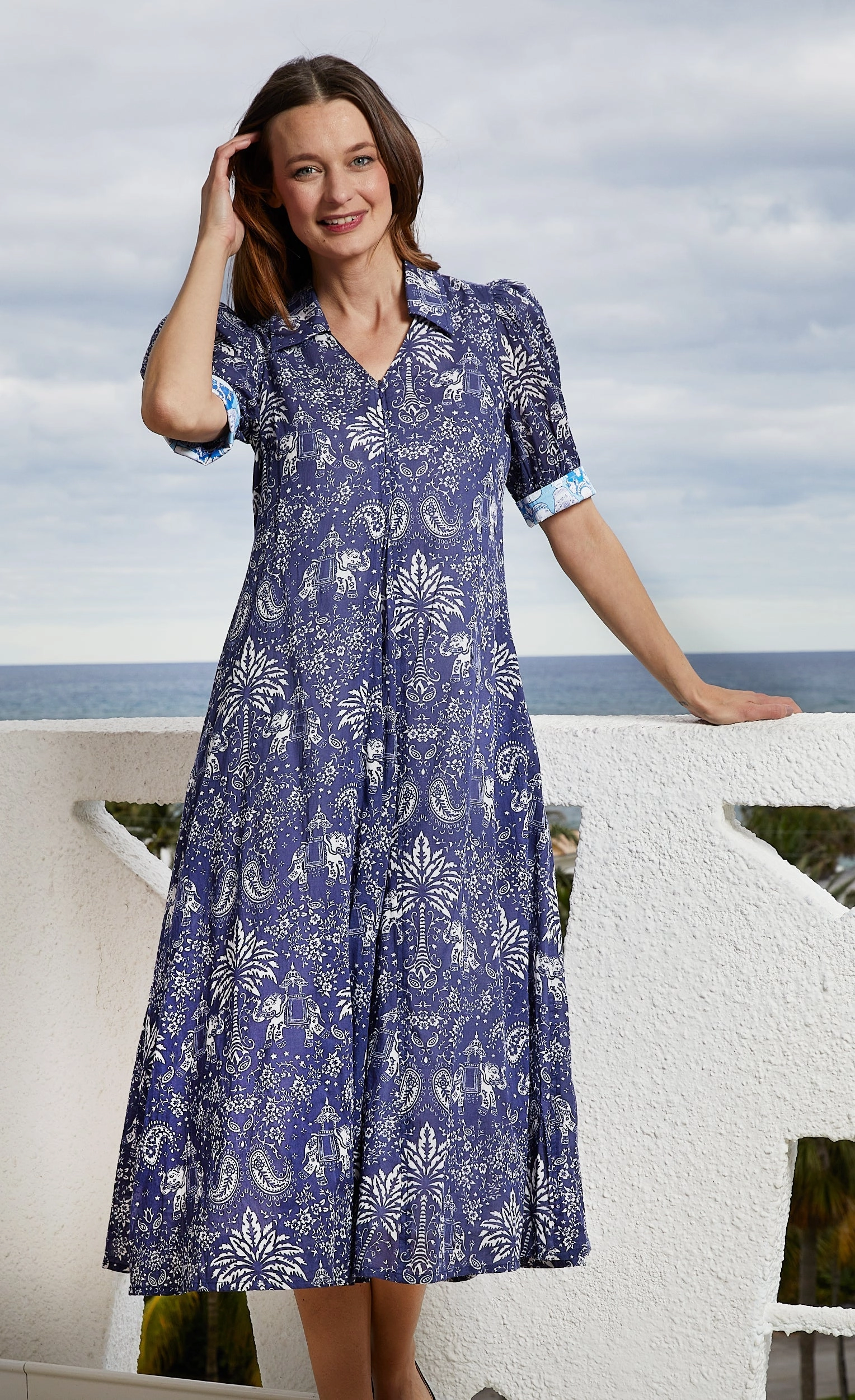 Montauk Dress - Navy Elephants And Palm Trees Collared Neutral Feel