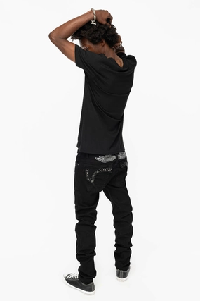 KILLER FLAP MENS SKINNY JEANS IN BLACK COLOR WASH  WITH BLACK DIAMOND AND JET BLACK CRYSTALS Street Approved Timeless Piece