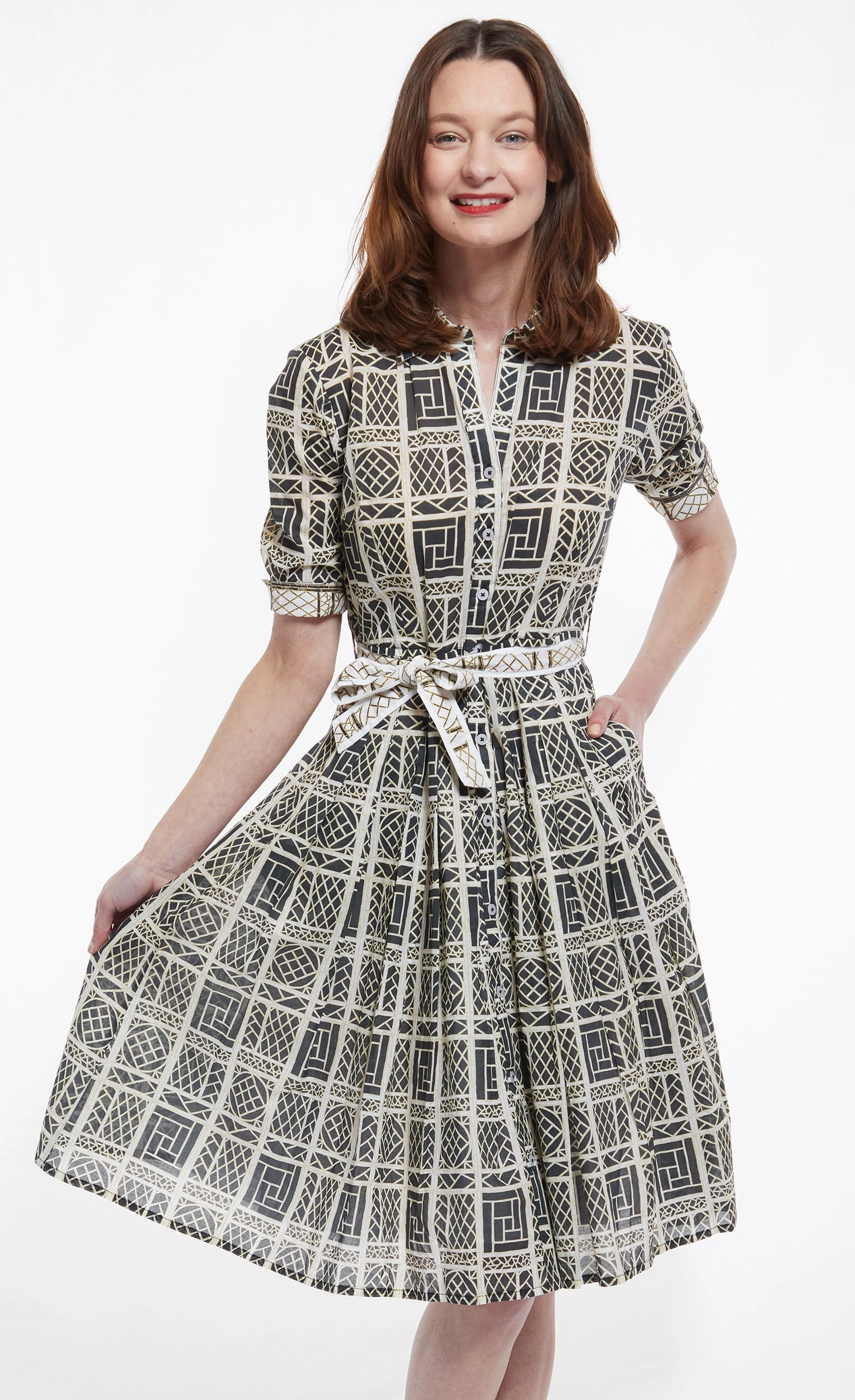 Mrs Maisel Dress - Black and Beige Wicker Print Off-Shoulder