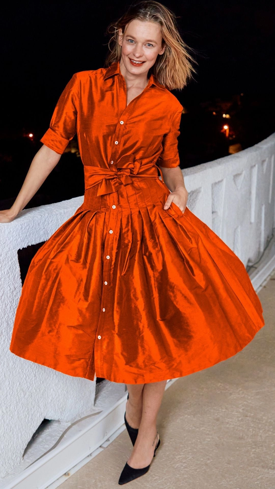 Mrs Maisel Silk Dress - Orange Perfect Waistband