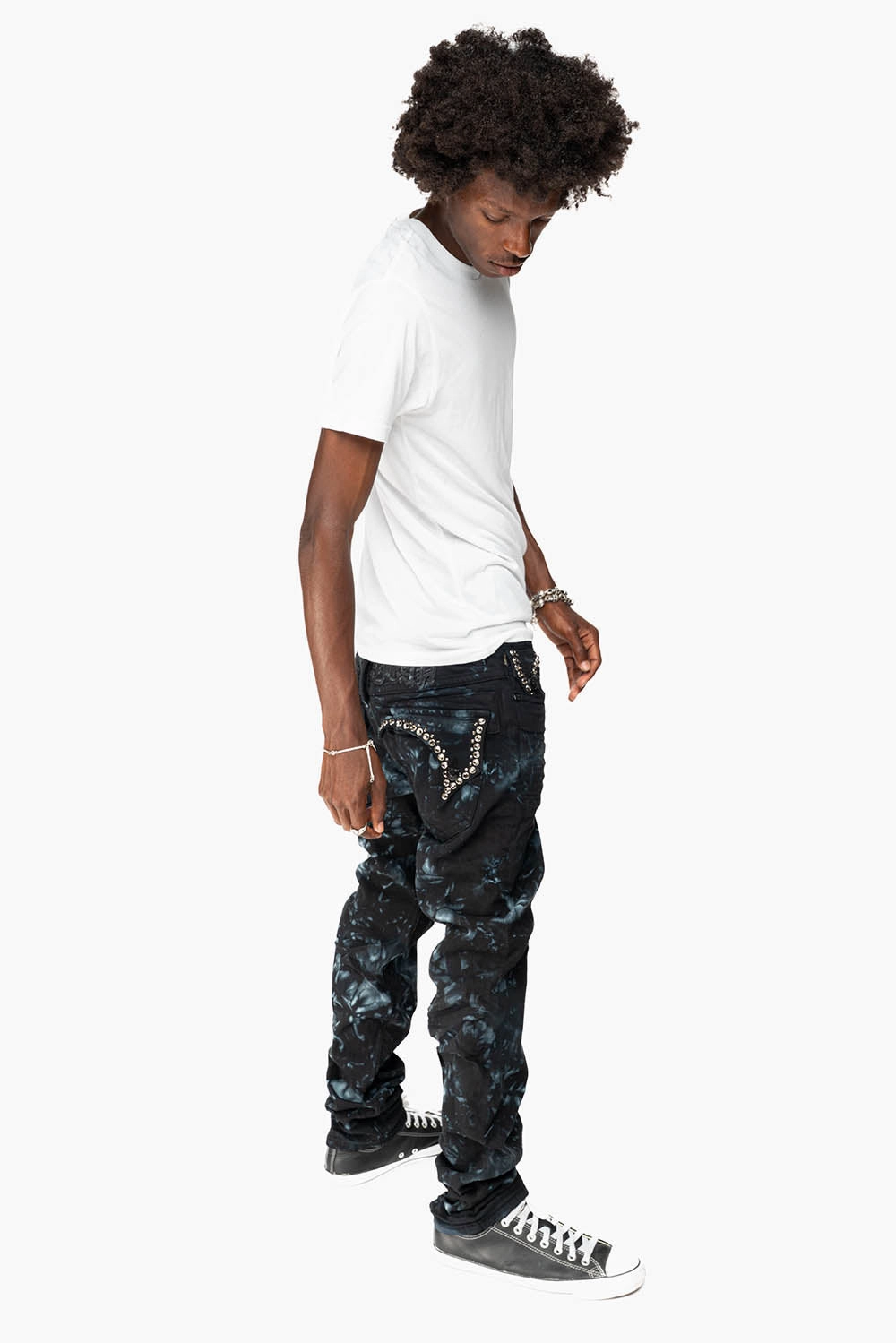 Flat Lock Stitching KILLER FLAP SKINNY JEANS IN ASTRO BLUE WITH GOTHIC EMBROIDERY AND CRYSTALS