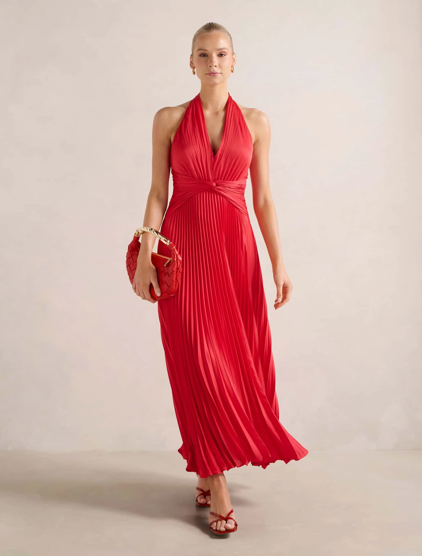Soft Silhouette Natasha Pleated Satin Halter Maxi Dress