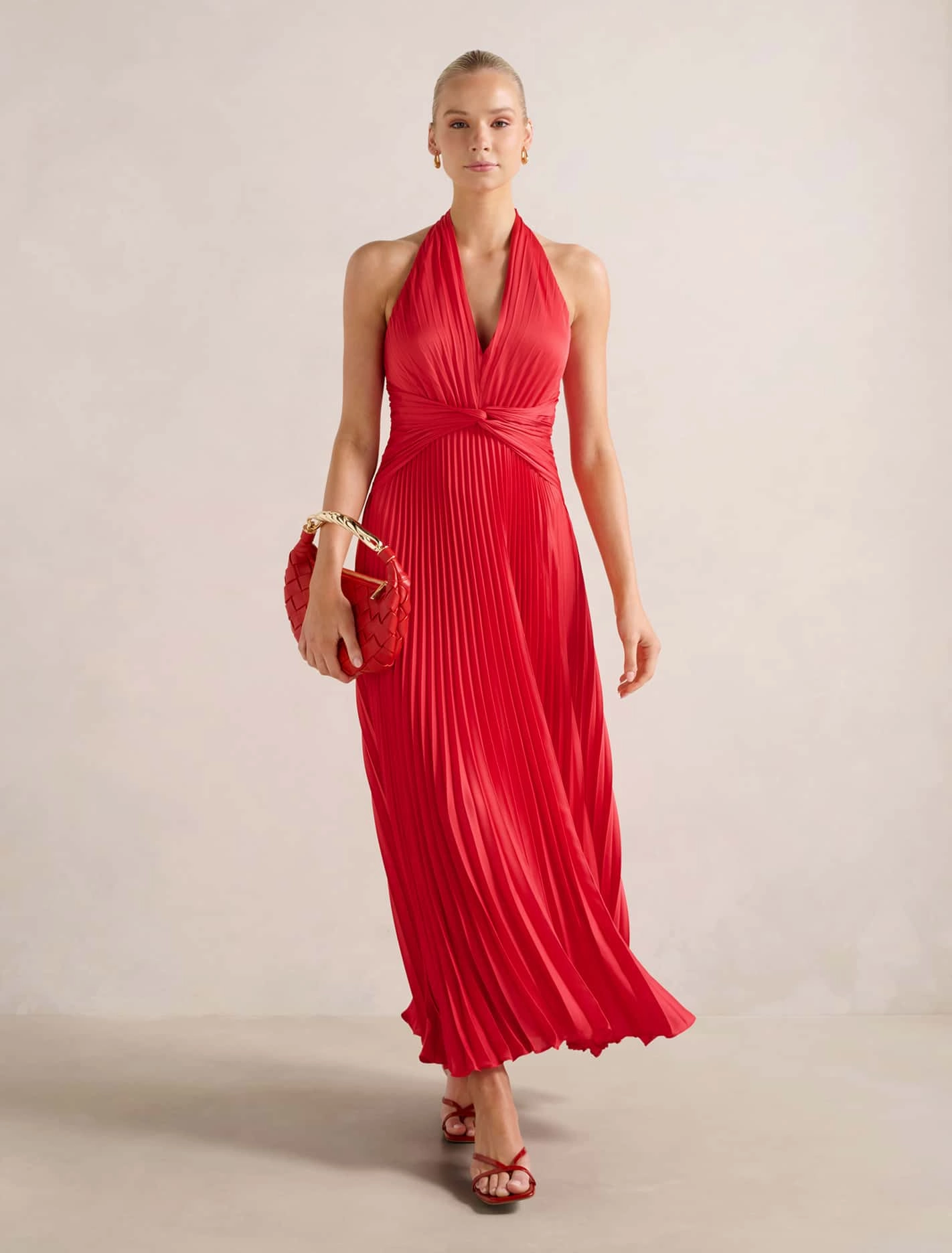 Natasha Pleated Satin Halter Maxi Dress Airy Feel