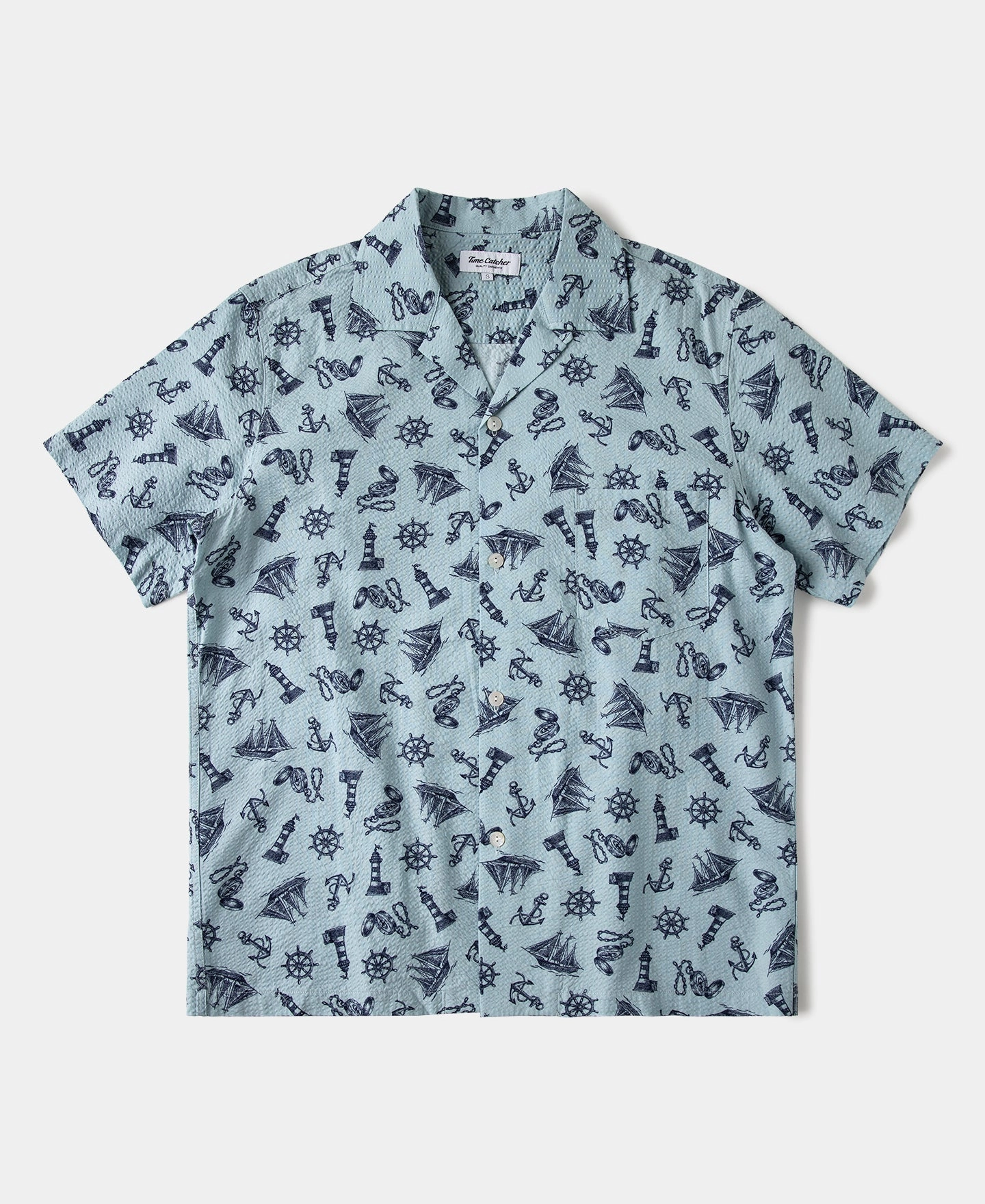 Nautical Printed Seersucker Short Sleeve Camp Shirt - Light Blue Streamlined Design