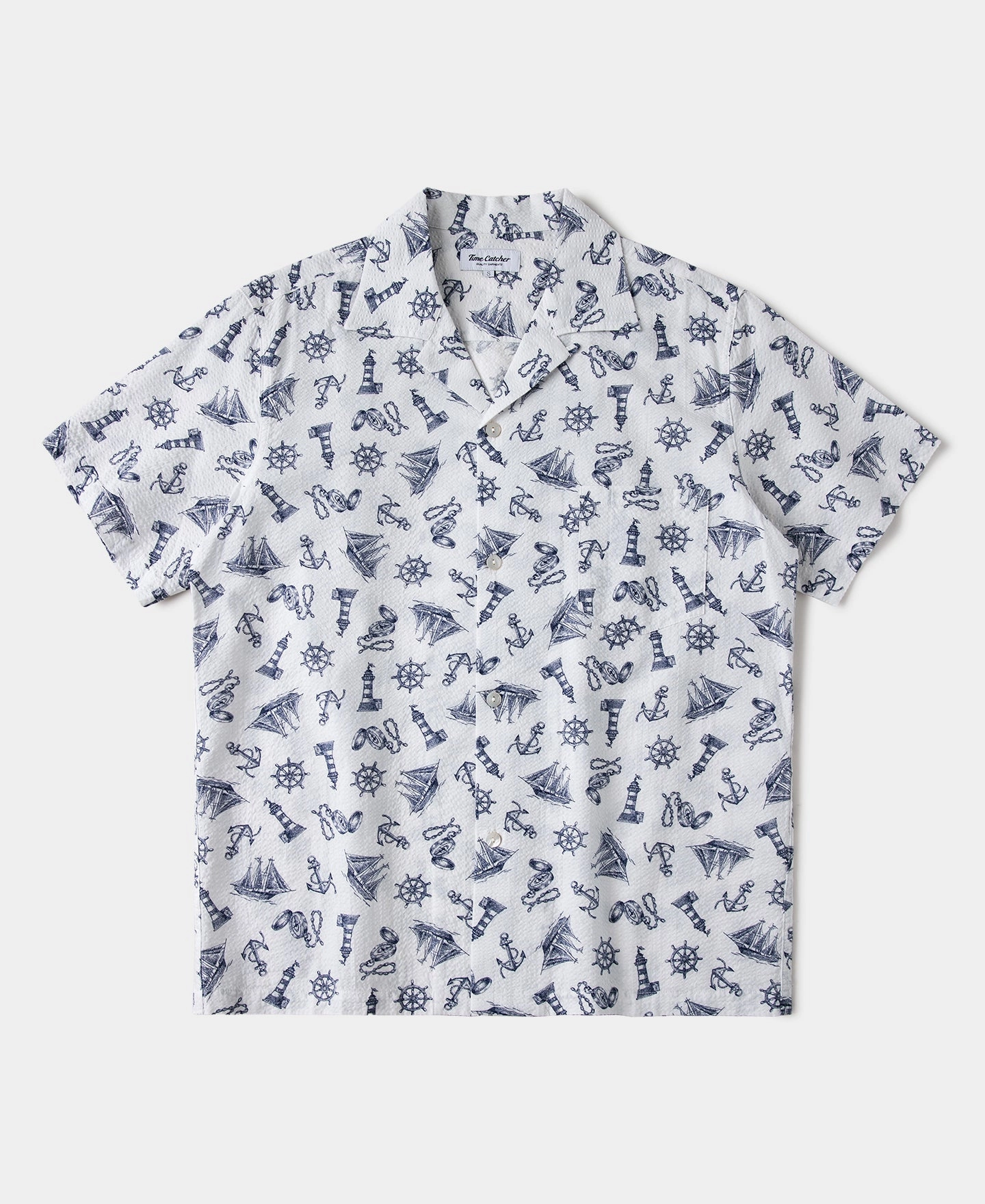 hypoallergenic Reinforced Elbow Patches Nautical Printed Seersucker Short Sleeve Camp Shirt - White