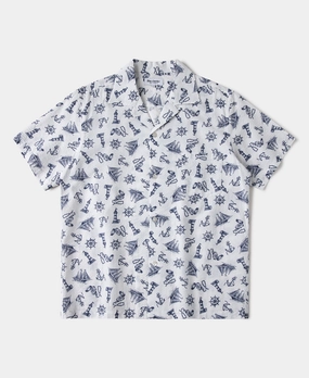 Nautical Printed Seersucker Short Sleeve Camp Shirt - White Adjustable Cuffs