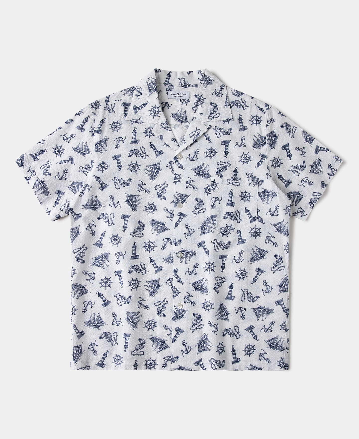 Nautical Printed Seersucker Short Sleeve Camp Shirt - White Adjustable Cuffs