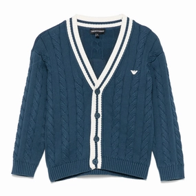 Emporio Armani Junior Cable Knit Cardigan Adjustable Hood Feature Taped Edges
