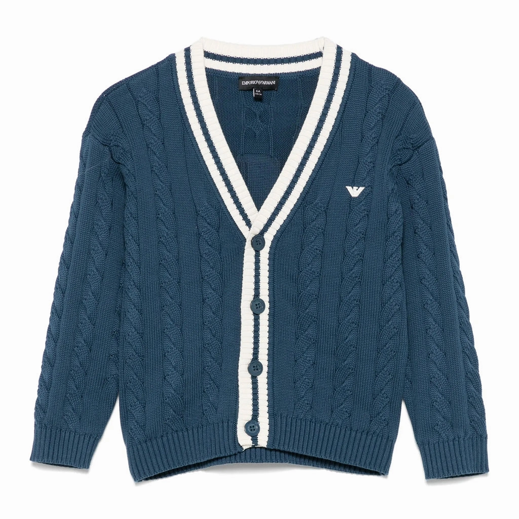 Emporio Armani Junior Cable Knit Cardigan Adjustable Hood Feature Taped Edges