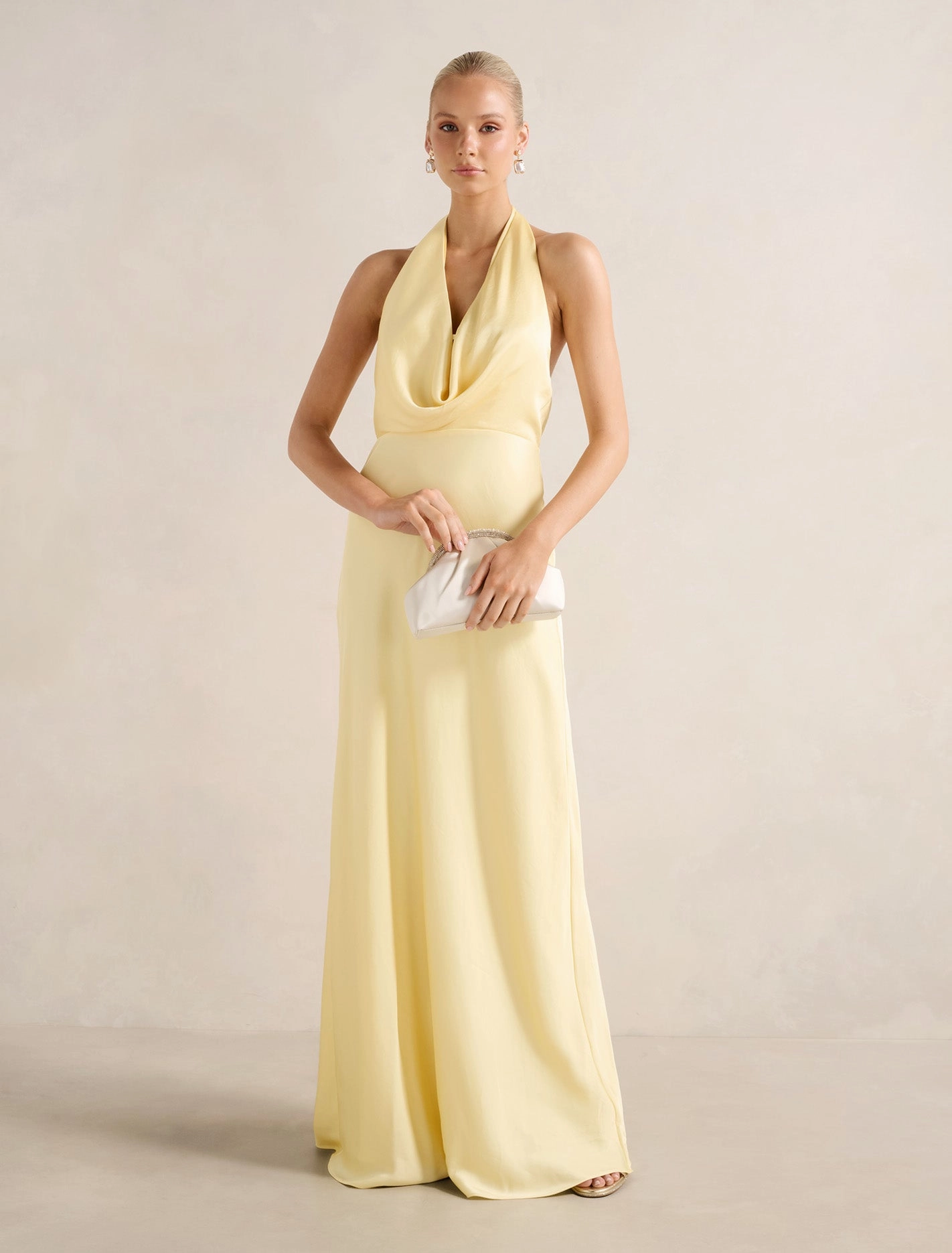 Move Free Light Sheen Becca Cowl Halter Satin Dress