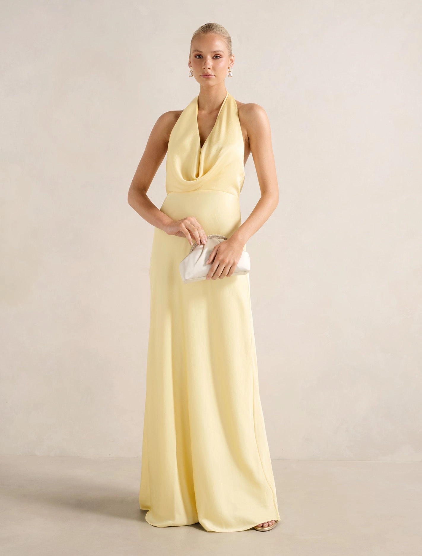 Becca Cowl Halter Satin Dress Fit Choice Understated Elegance