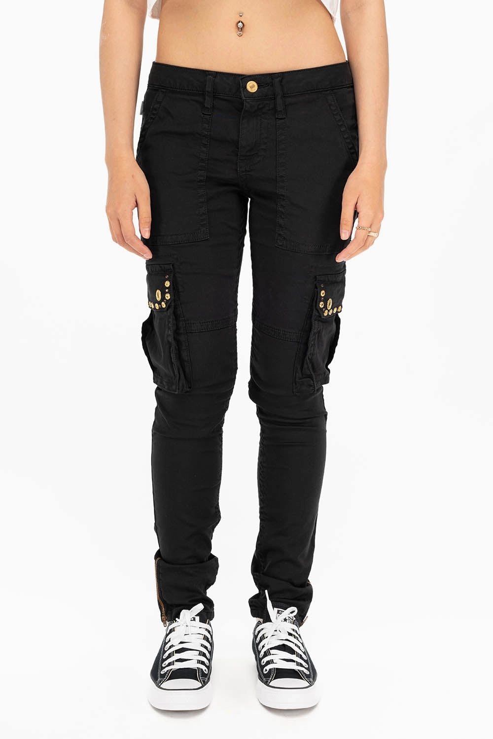 NEW MILITARY STYLE WOMENS SKINNY EMBELLISHED CARGO PANTS IN BLACK Smart Fit