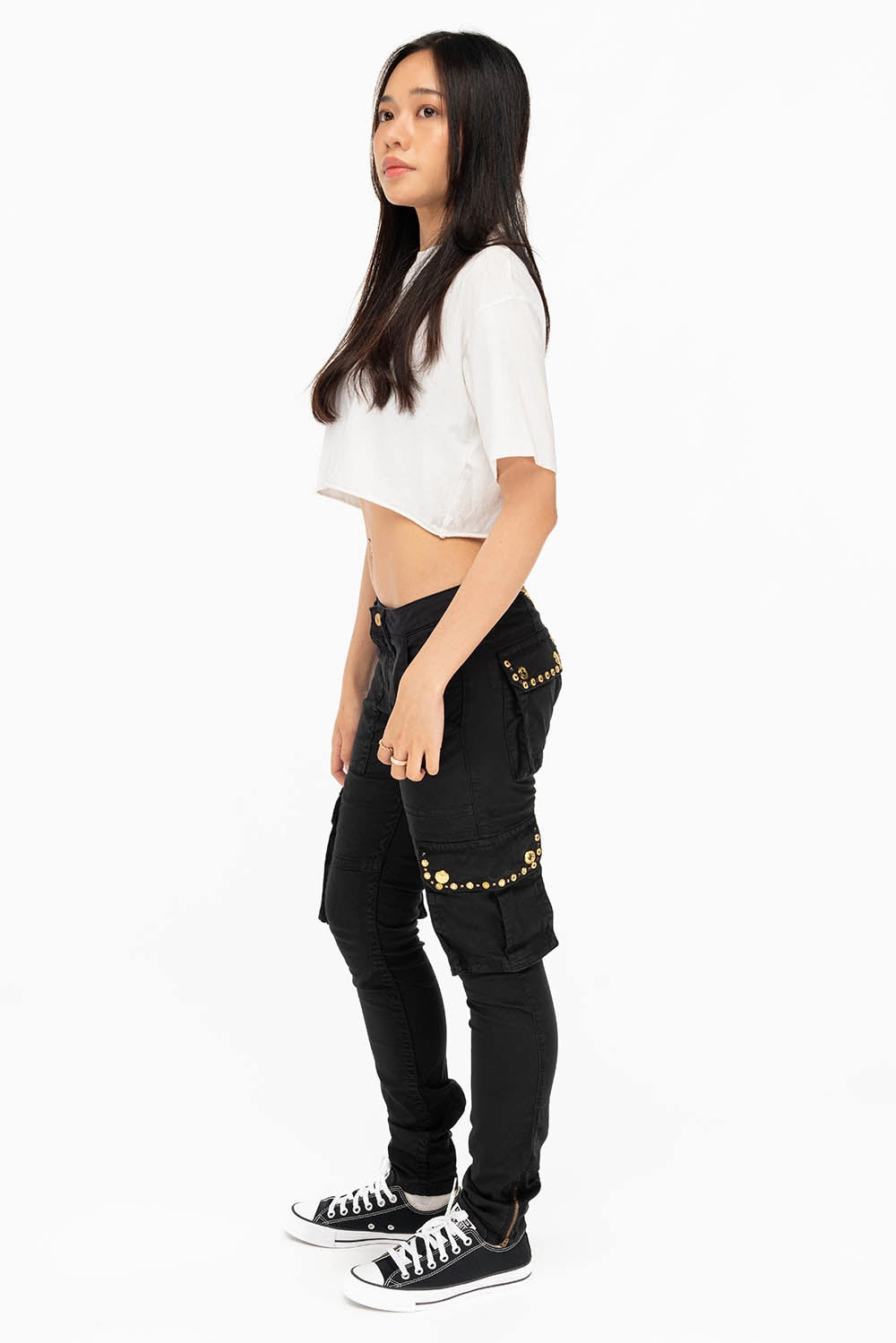 Classic Five Pocket NEW MILITARY STYLE WOMENS SKINNY EMBELLISHED CARGO PANTS IN BLACK