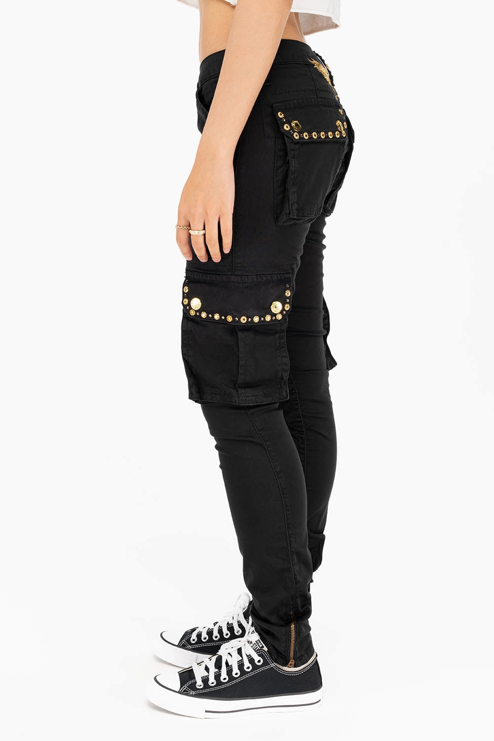 Fashion Essential NEW MILITARY STYLE WOMENS SKINNY EMBELLISHED CARGO PANTS IN BLACK