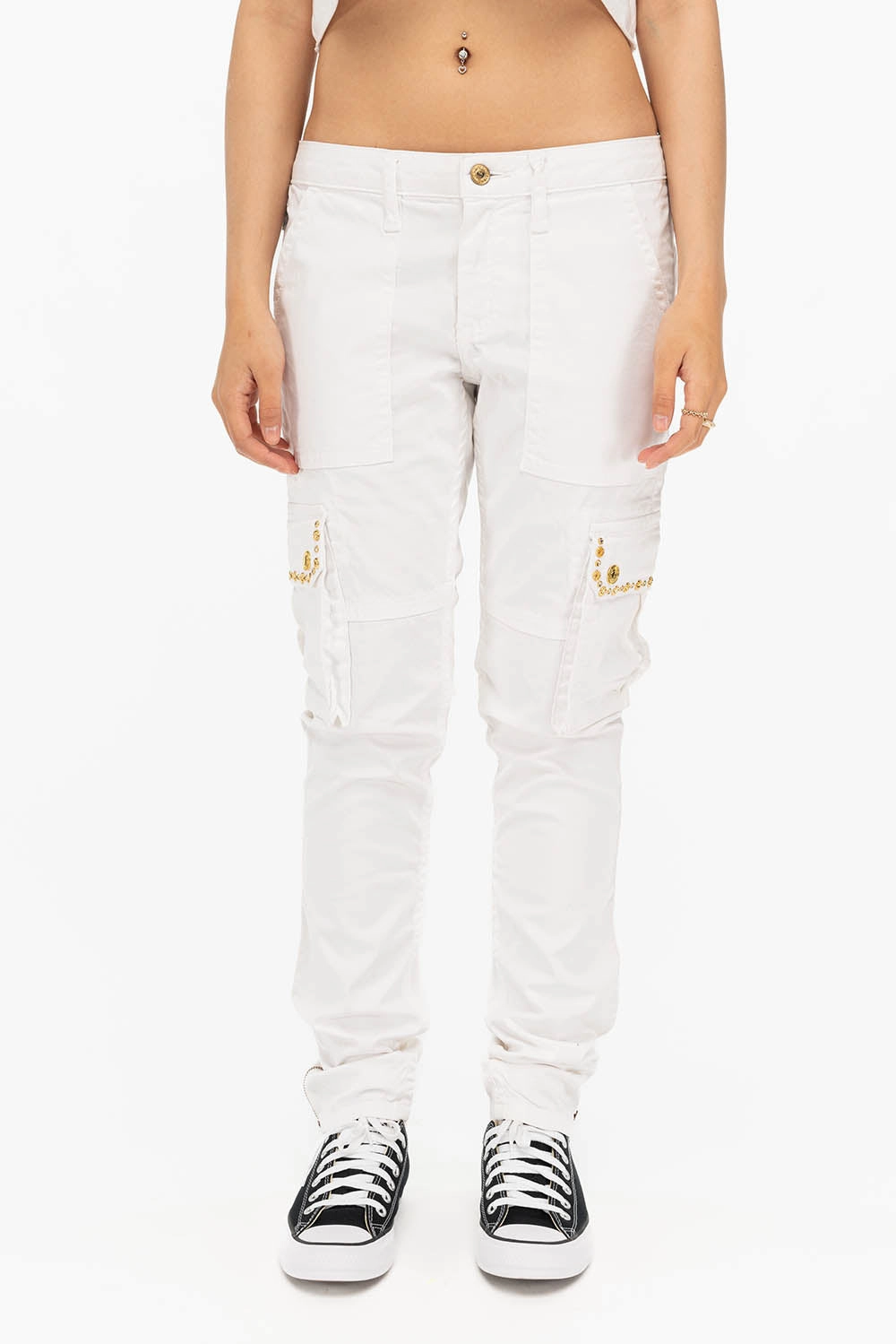 Suitable Outfit NEW MILITARY STYLE WOMENS SKINNY EMBELLISHED CARGO PANTS IN WHITE