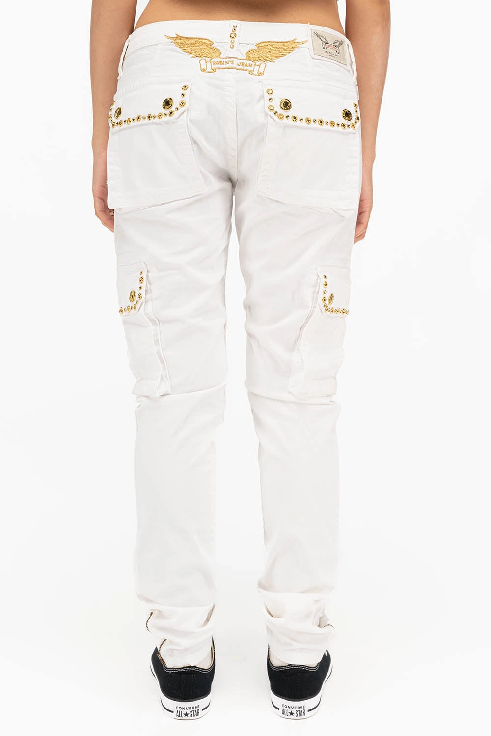 Functional Casual Classic Casual NEW MILITARY STYLE WOMENS SKINNY EMBELLISHED CARGO PANTS IN WHITE