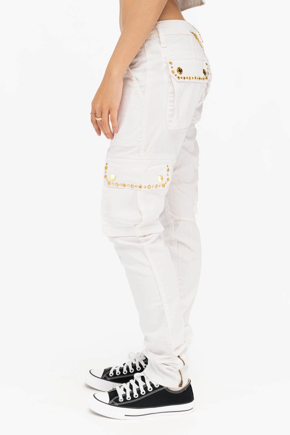 Daily Favorite Casual Option NEW MILITARY STYLE WOMENS SKINNY EMBELLISHED CARGO PANTS IN WHITE