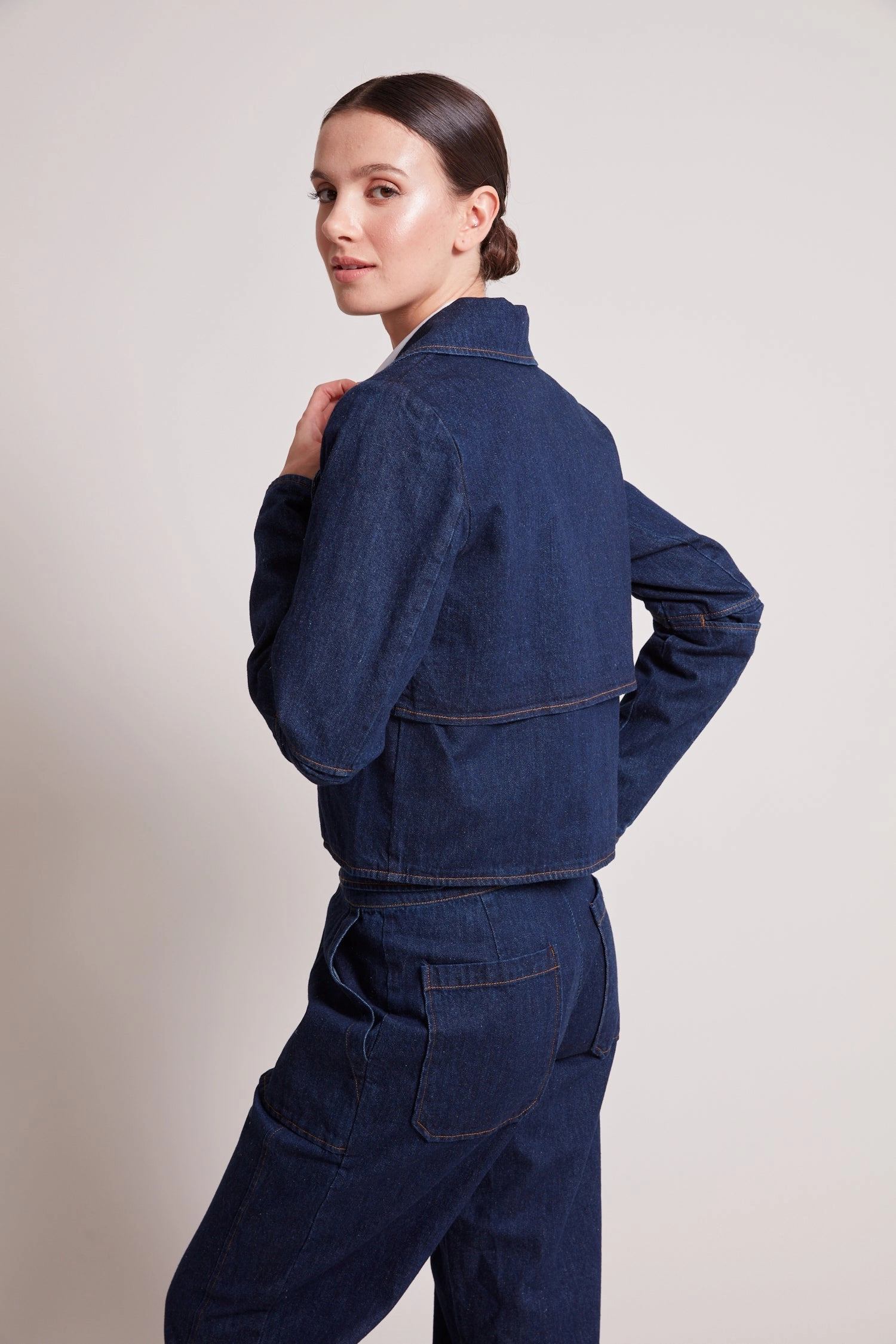 Ninon Short Denim Jacket With Button Closure - Dark Denim MultiPocketLayout