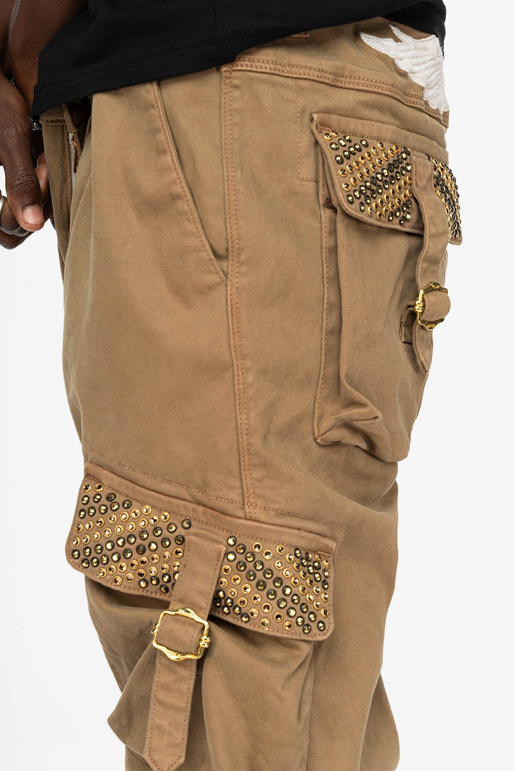 Smooth Creative Look Adult Fashion ROBINS NEW MILITARY STYLE CARGO PANTS IN KHAKI WITH AURUM AND SMOKY TOPAZ CRYSTALS