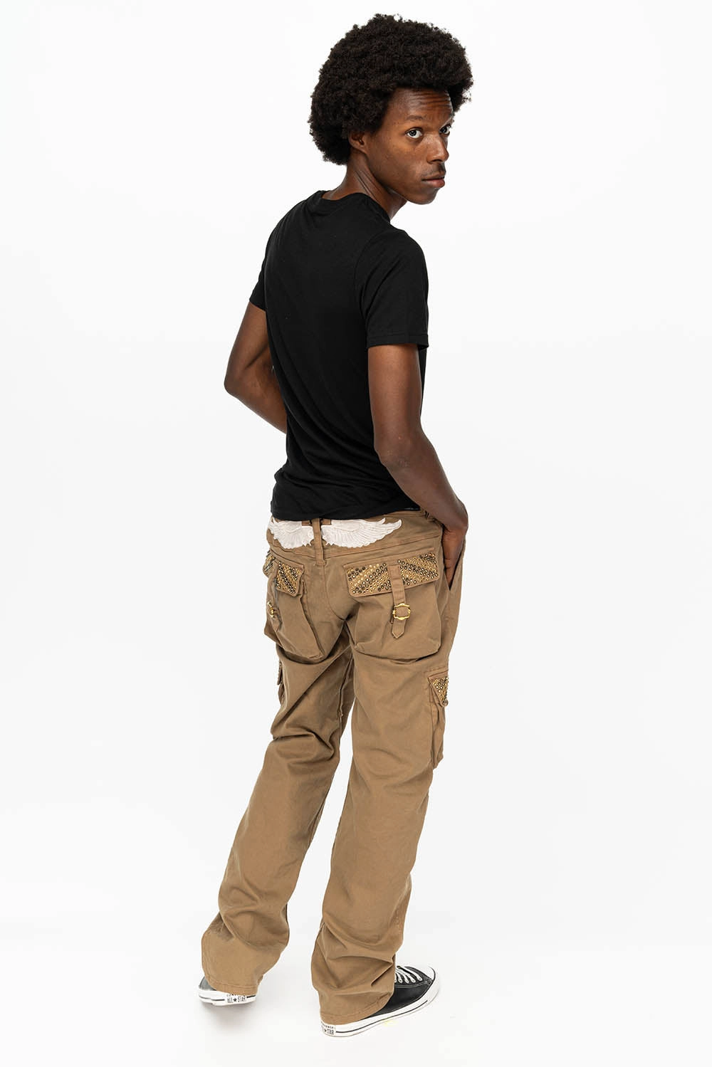 Everyday Classic Wear Comfy ROBINS NEW MILITARY STYLE CARGO PANTS IN KHAKI WITH AURUM AND SMOKY TOPAZ CRYSTALS