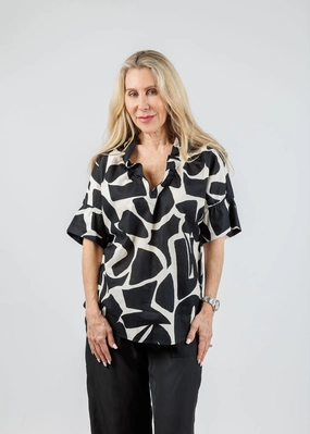 Fast Drying Summer Camp Crosby Puzzle Print Top - Natural/Black