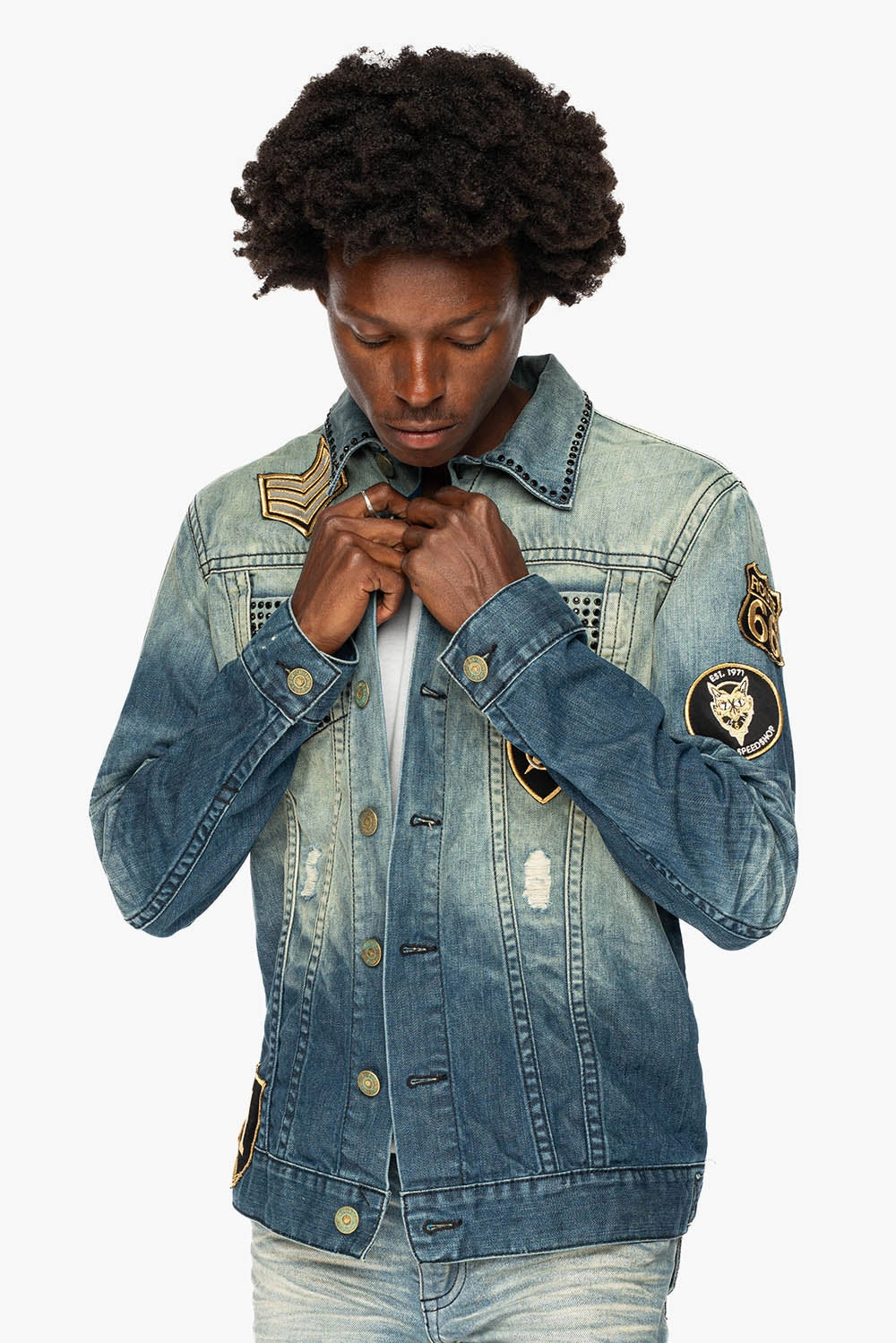 MENS DENIM JACKET IN BLUE ALBANY DARK  EMBELLISHED WITH JET BLK CRYSTALS AND PATCHES Comfort Fit Design
