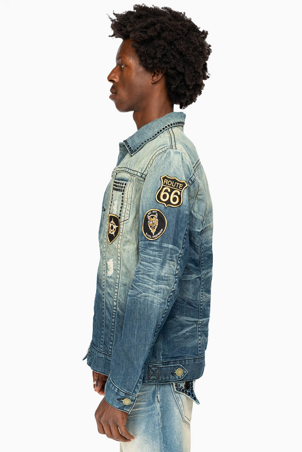 Quick Release Buckle Softshell Construction MENS DENIM JACKET IN BLUE ALBANY DARK  EMBELLISHED WITH JET BLK CRYSTALS AND PATCHES
