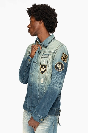 MagneticClosure Modular Layering MENS DENIM JACKET IN BLUE ALBANY DARK  EMBELLISHED WITH JET BLK CRYSTALS AND PATCHES