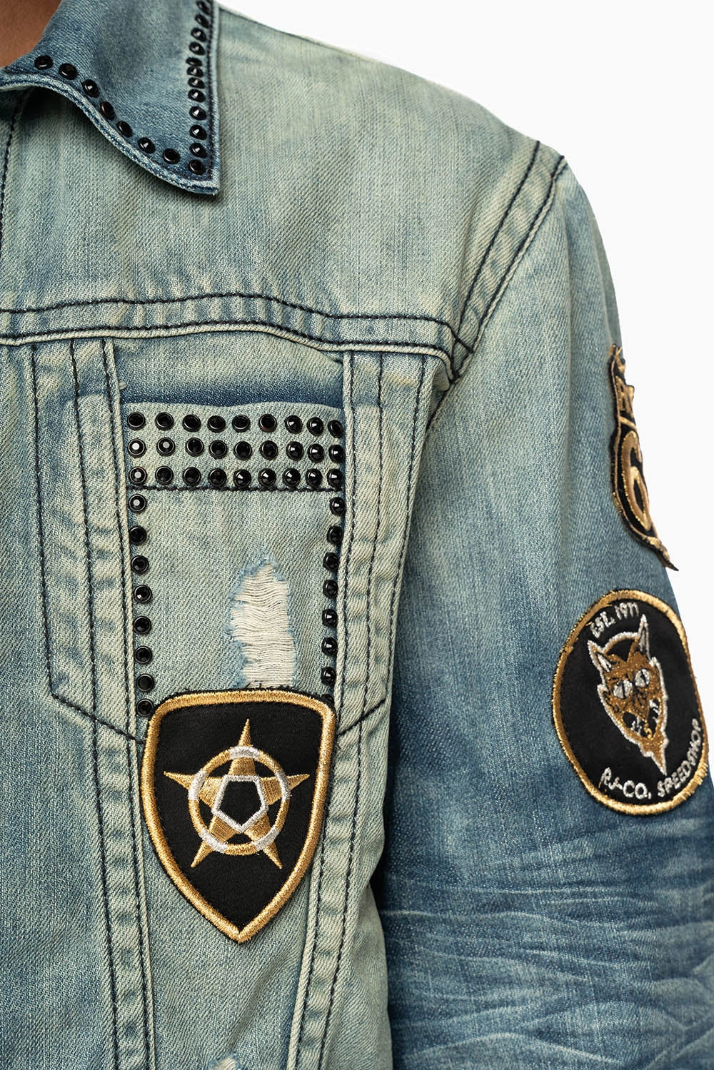 Flexible Side Gussets MENS DENIM JACKET IN BLUE ALBANY DARK  EMBELLISHED WITH JET BLK CRYSTALS AND PATCHES