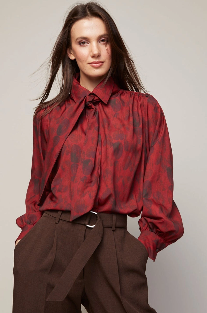 Embellished Neckline Bliss Semi Transparent Chiffon Blouse With Removable Lavalli??re - Deep Red