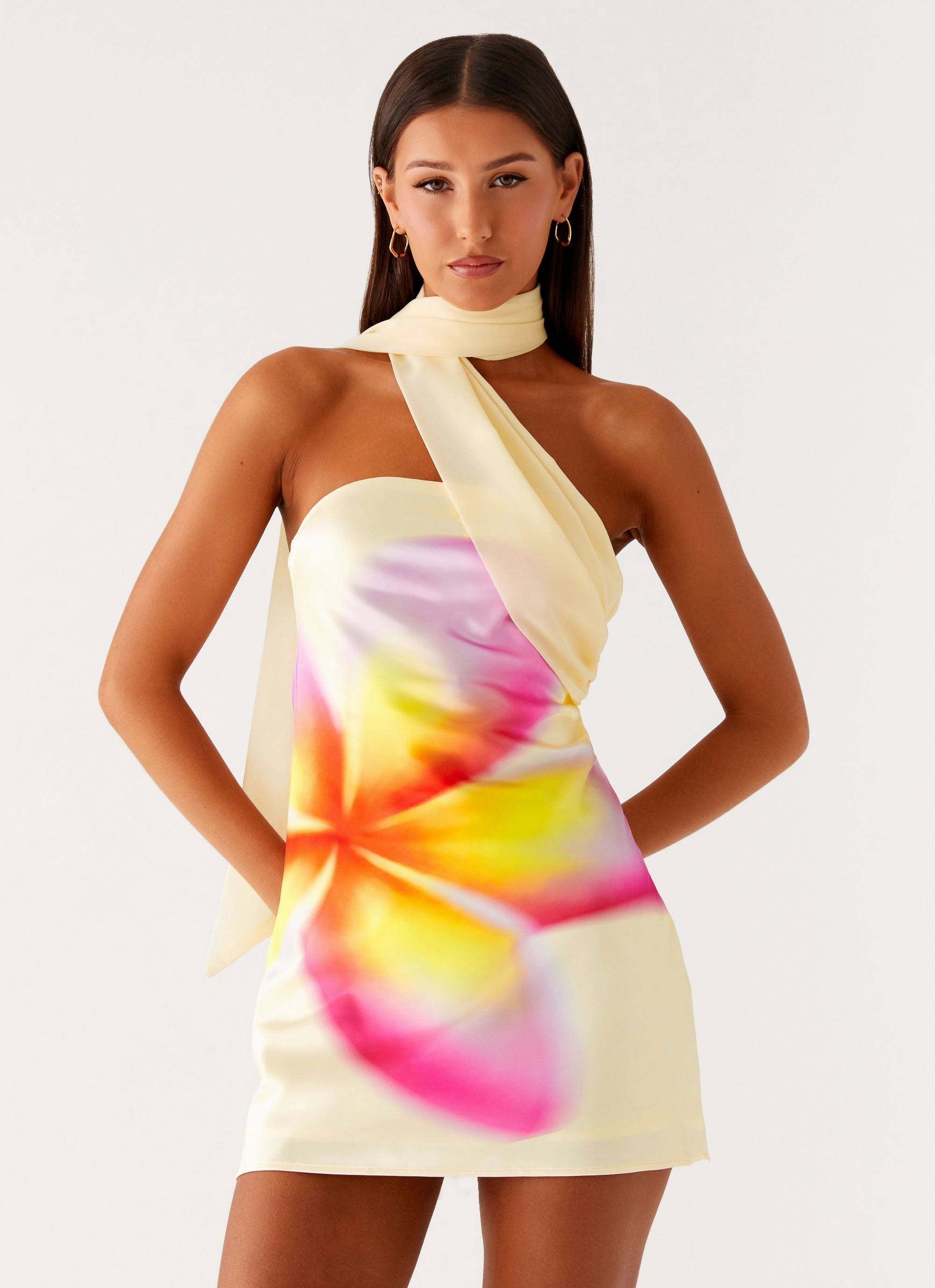 Isa Scarf Satin Mini Dress - Frangipani Yellow Vacation Vibes All-Day Comfort Wear