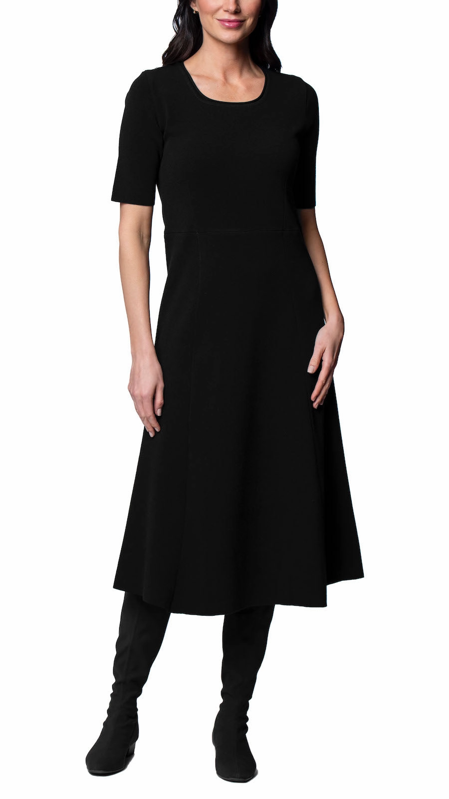 Date Nightwear Nora Milano Knit Short Sleeved Fit-And-Flare Midi Dress - Black / Fall Pre-Order (Copy)