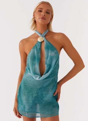 Oceans Away Deep Cowl Mini Dress - Green Tie Dye Dew Glow Layering Fit