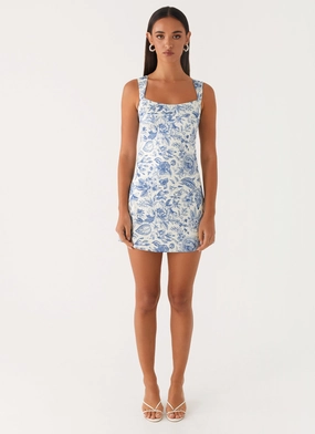 Tiered Skirt Odette Satin Mini Dress - Blue Paisley