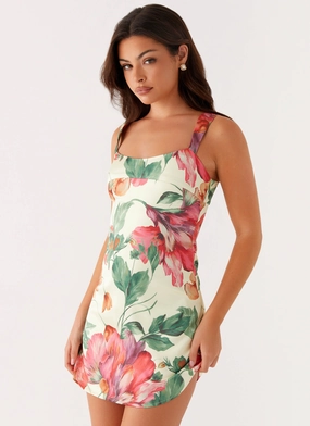 ReversibleStyle Odette Satin Mini Dress - Yellow Floral