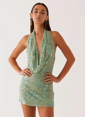 Olisa Cowl Neck Beaded Mini Dress - Mint Figure-Skimming Eye Catching